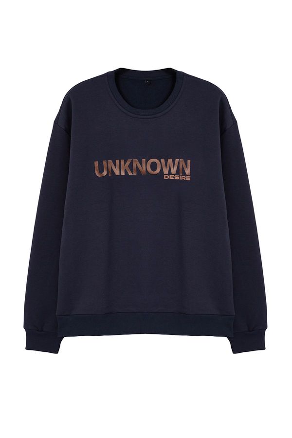 Trendyol Trendyol Navy Blue Oversize/Wide Cut Text Printed Crew Neck Sweatshirt with Fleece Inside