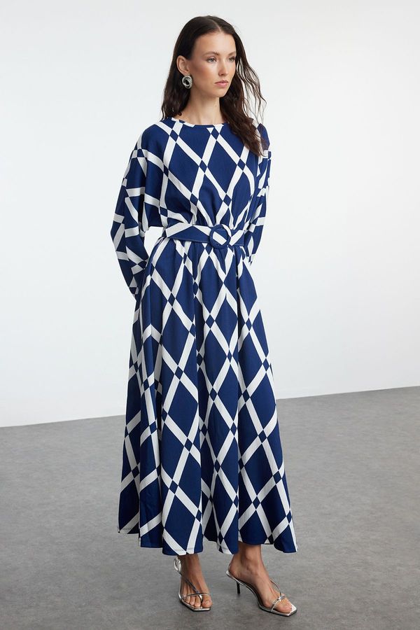 Trendyol Trendyol Navy Blue Patterned Belt Detailed Crinkle Woven Dress