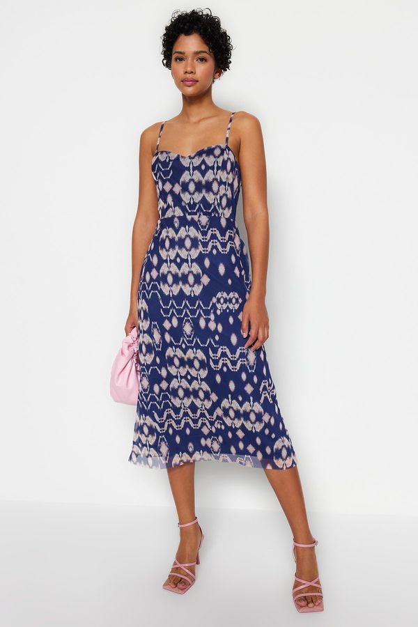 Trendyol Trendyol Navy Blue Patterned Cross Back Detailed Strap Sweetheart Neck Midi Knitted Dress