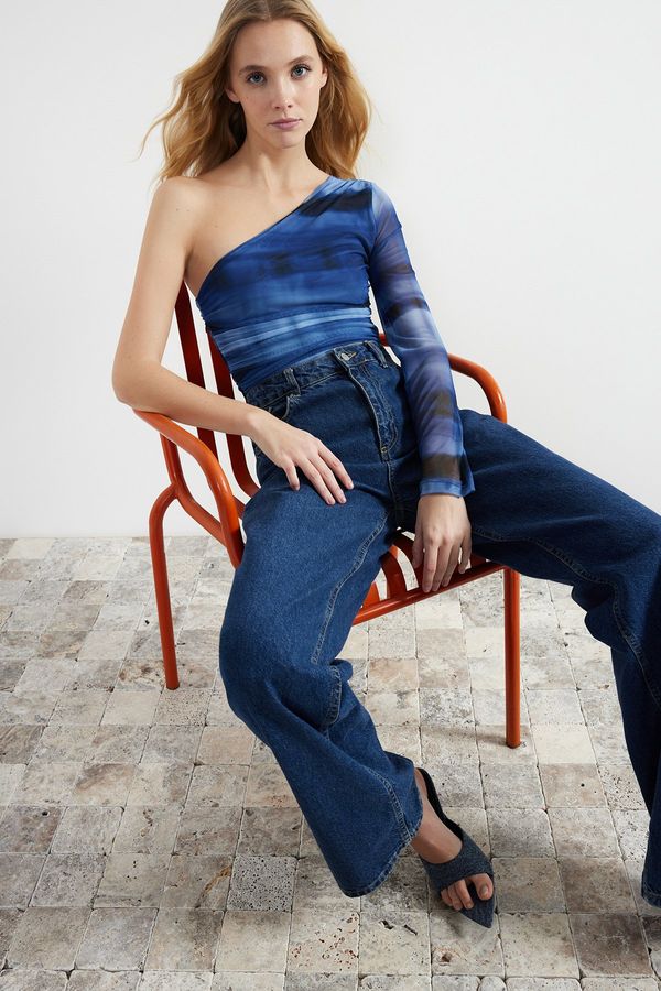 Trendyol Trendyol Navy Blue Patterned One-Shoulder Fitted/Situated Snaps Knitted Bodysuit