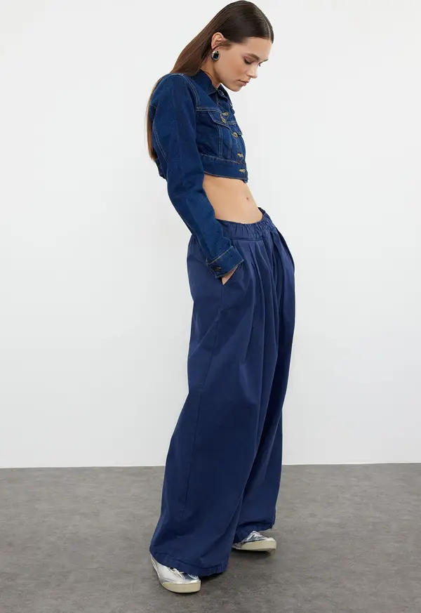 Trendyol Trendyol Navy Blue Pleated High Waist Wide Leg Jeans