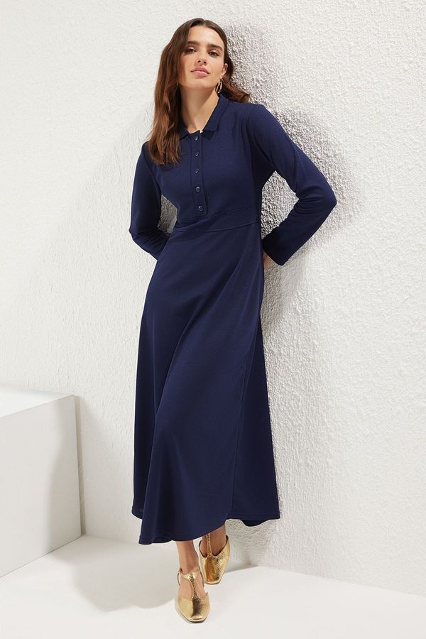 Trendyol Trendyol Navy Blue Polo Neck Knitted Crepe Dress