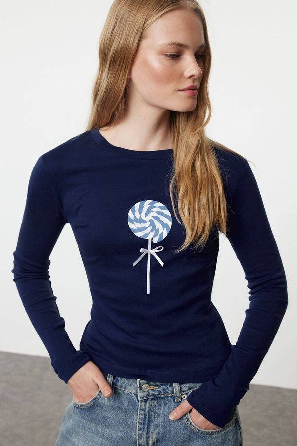 Trendyol Trendyol Navy Blue Print and Bow Detailed Fitted Knitted Blouse