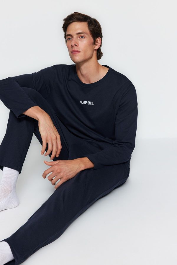 Trendyol Trendyol Navy Blue Printed Knitted Pajamas Set