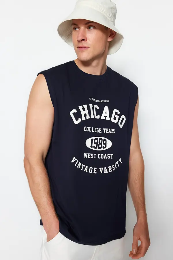 Trendyol Trendyol Navy Blue Relaxed/Comfortable Cut City Printed 100% Cotton Sleeveless T-Shirt/Athlete