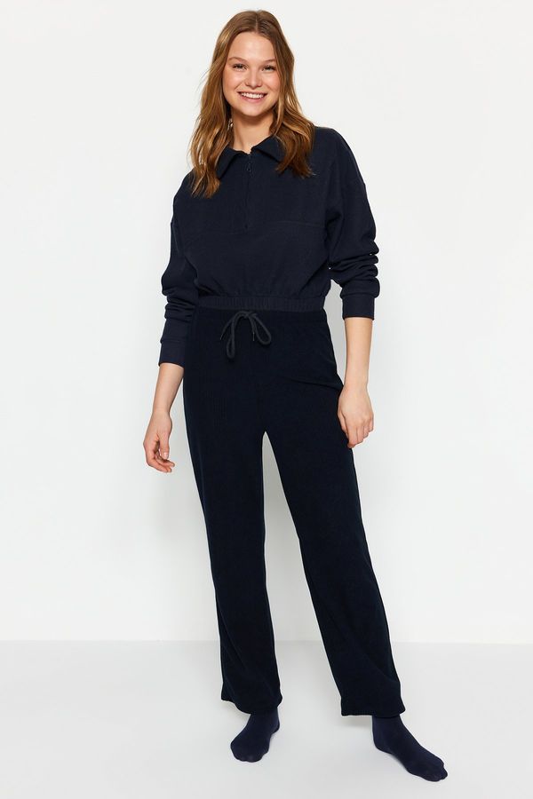 Trendyol Trendyol Navy Blue Soft Feel Velvet Lace Detail Knitted Pajama Bottoms