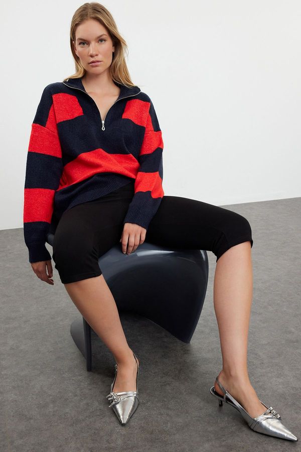 Trendyol Trendyol Navy Blue Soft Textured Stand-Up Collar Zippered Knitwear Sweater