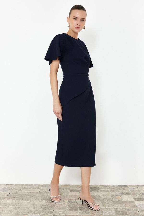 Trendyol Trendyol Navy Blue Straight Cut Gathered Midi Woven Dress