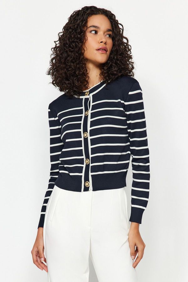 Trendyol Trendyol Navy Blue Striped Buttoned Knitwear Cardigan
