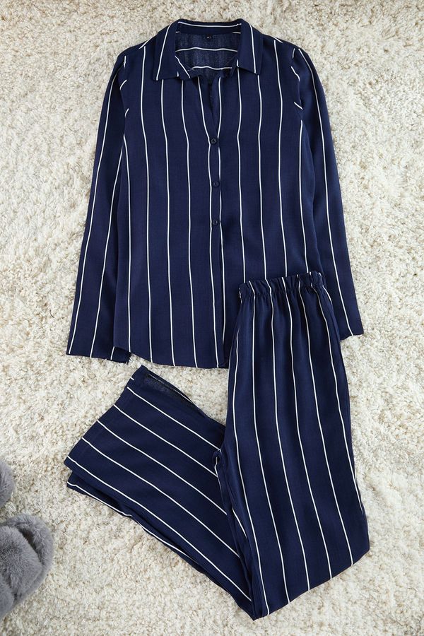 Trendyol Trendyol Navy Blue Striped Slit Detailed Viscose Shirt-Pants Woven Pajama Set