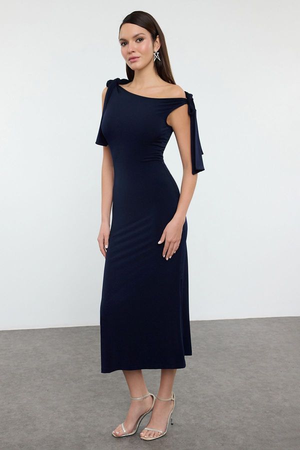 Trendyol Trendyol Navy Blue Tie Detailed Knitted Long Elegant Evening & Graduation Dress