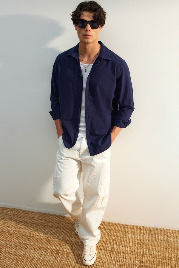 Trendyol Trendyol Navy Blue Unisex Regular Fit 100% Cotton Linen Look Shirt