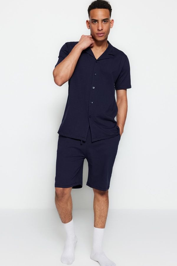 Trendyol Trendyol Navy Blue Unisex Regular Fit Wide Collar Shorts Pajamas Set
