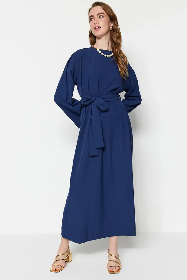 Trendyol Trendyol Navy Blue Waist Belted Parachute Fabric Wide Pattern Woven Dress
