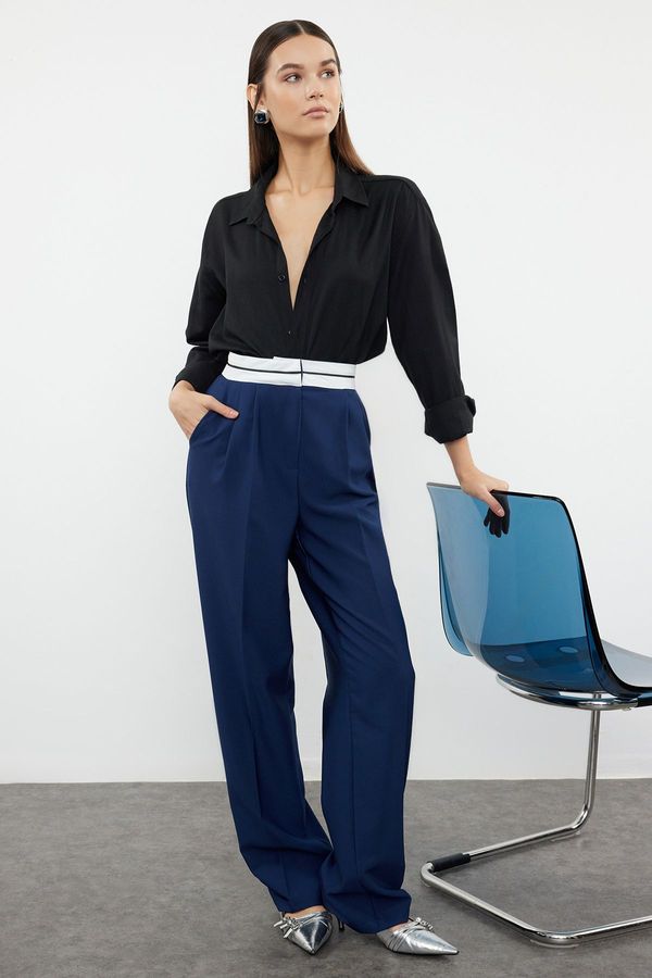 Trendyol Trendyol Navy Blue Wide Leg High Waist Belt Detailed Woven Fabric Trousers