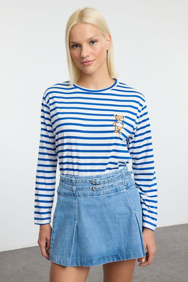 Trendyol Trendyol Navy Blue*001 Bear Embroidered Relaxed/Comfortable Pattern Long Sleeve Knitted T-Shirt