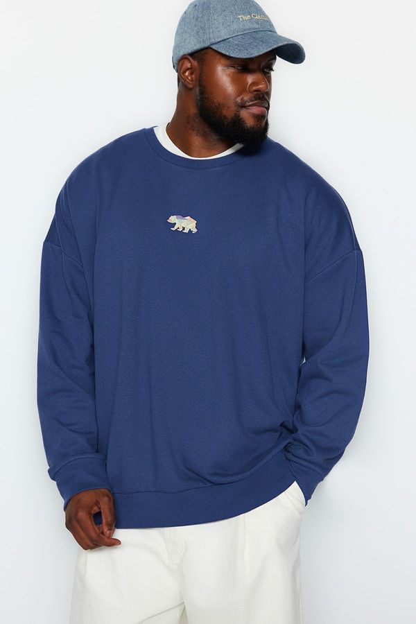 Trendyol Trendyol Navy Plus Size Oversize/Wide-Fit Animal Embroidered Inner Fleece Sweatshirt