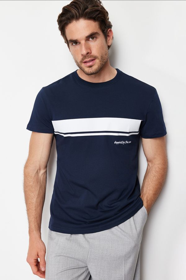 Trendyol Trendyol Navy Regular/Real Fit Crew Neck Striped Printed 100% Cotton T-shirt