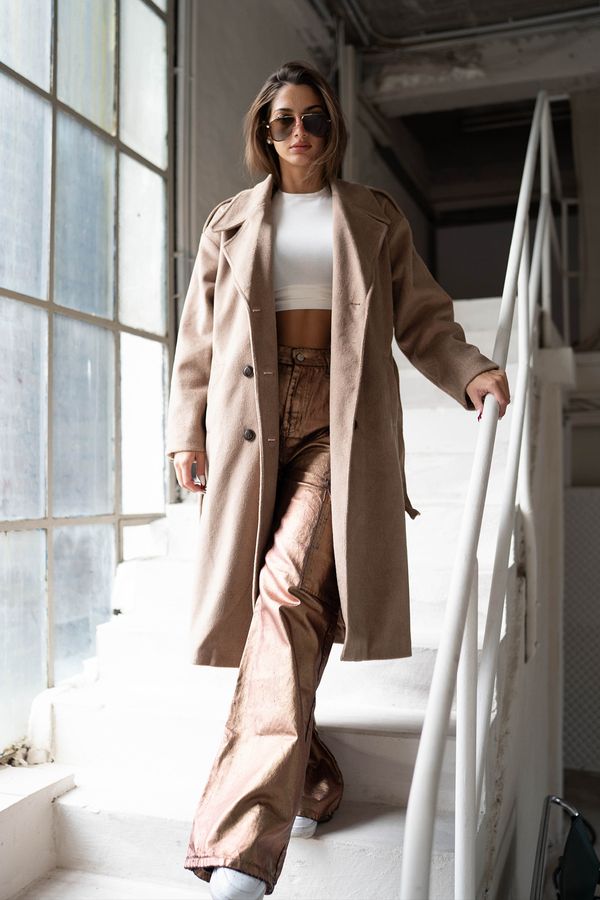 Trendyol Trendyol норка извънгабаритни широк нарязани колан палто