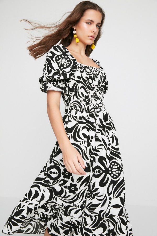 Trendyol Trendyol ограничено издание черно тъкани шарени Gimped Midi тъкани рокля