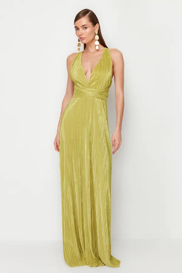Trendyol Trendyol Oil Green A-Cut Belted Lined Knitted Long Elegant Evening Dress