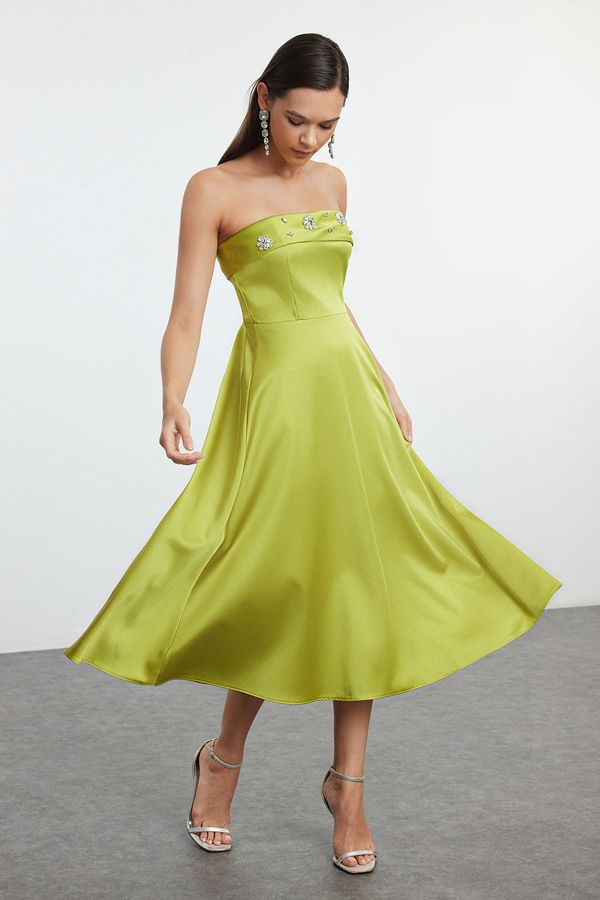 Trendyol Trendyol Oil Green A-Line Neckline Elegant Evening Dress with Stone Accessory Detail