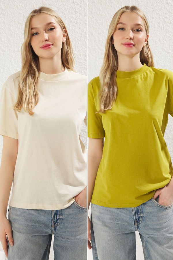 Trendyol Trendyol Oil Green-Light Stone 2 Pack 100% Cotton Basic Stand Collar Knitted T-Shirt