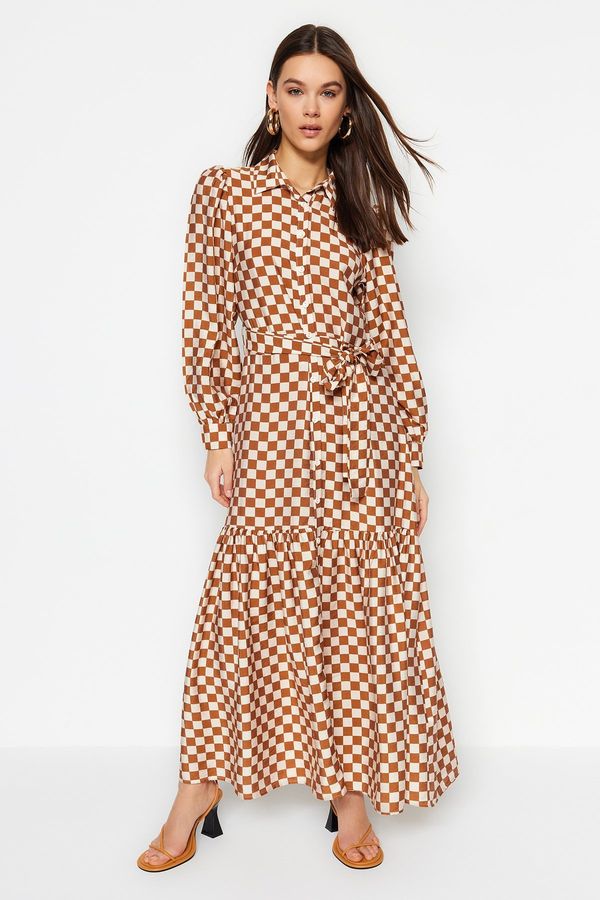 Trendyol Trendyol Orange Belted Checkered Woven Shirt Dress