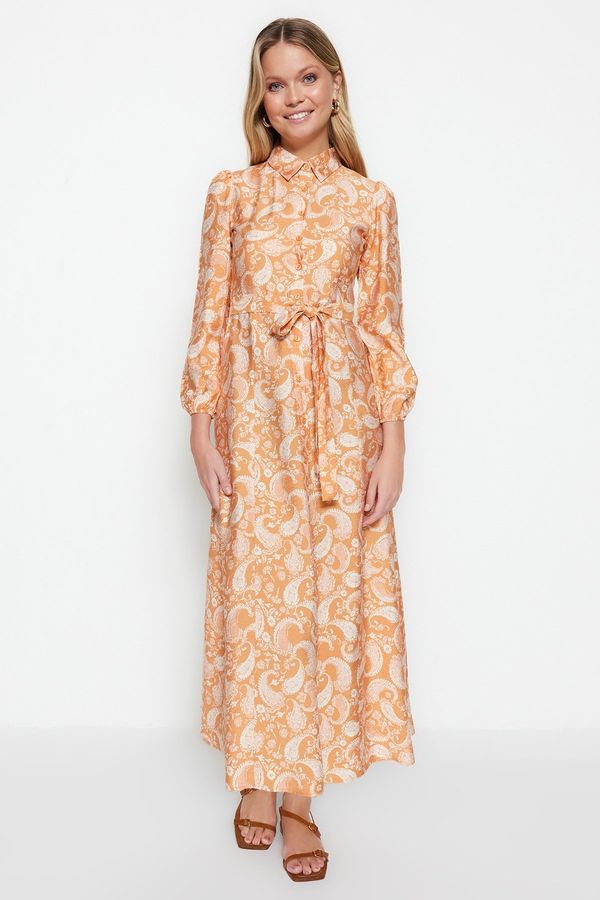 Trendyol Trendyol Orange Belted Shawl Patterned Woven Shirt Dress