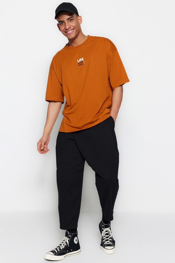Trendyol Trendyol Orange Oversize/Wide Cut Text Printed Short Sleeve 100% Cotton T-Shirt