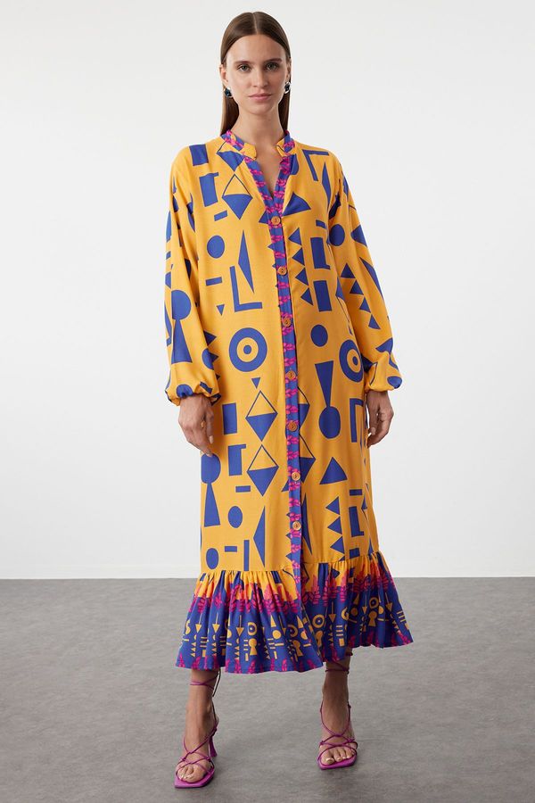 Trendyol Trendyol Orange Printed Wide Kseim Border Pattern Detailed Woven Dress Woven Dress