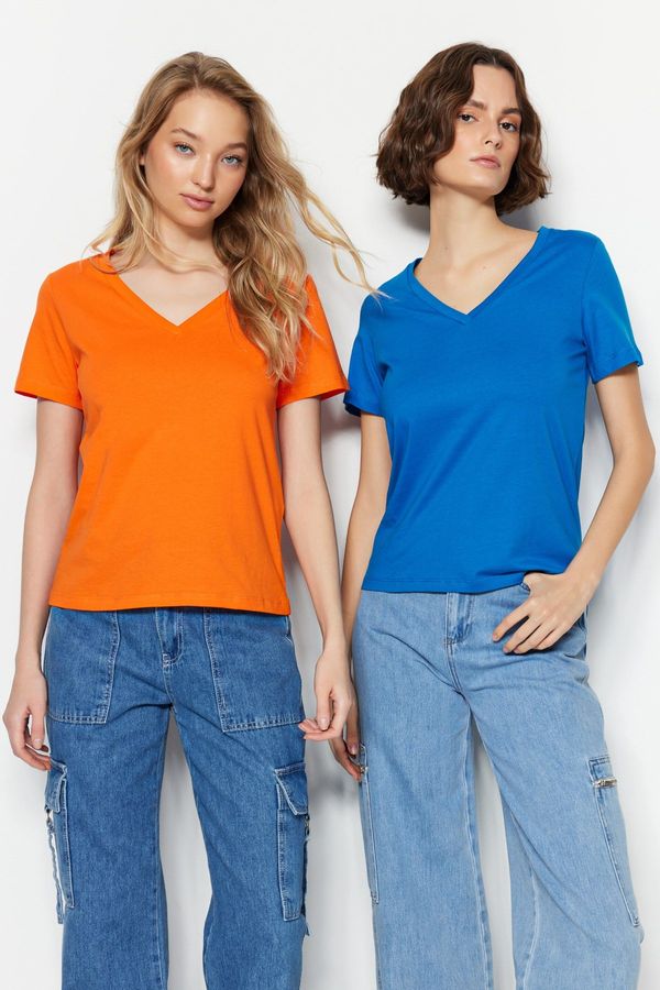 Trendyol Trendyol Orange-Sax 100% Cotton 2-Pack Basic V-Neck Knitted T-Shirts
