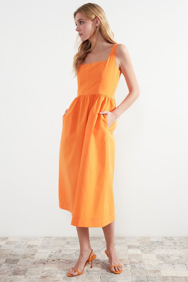 Trendyol Trendyol Orange Waist Opening Midi Corset Stitch Detail Woven Dress
