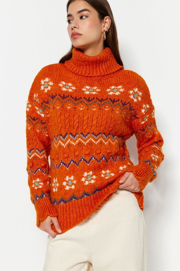 Trendyol Trendyol оранжев мек текстурирани водолазка трикотаж пуловер