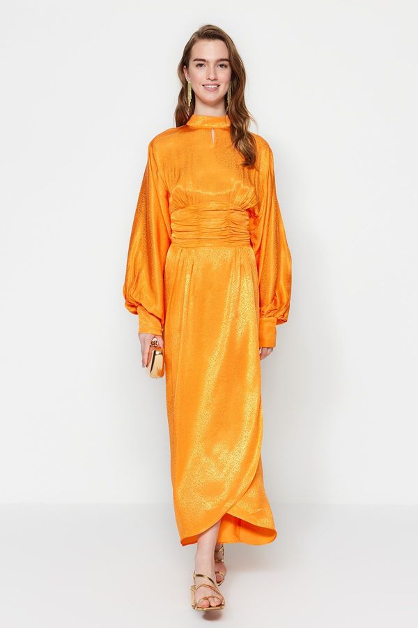 Trendyol Trendyol оранжева вечерна рокля с драпирана талия и балон ръкави шарени