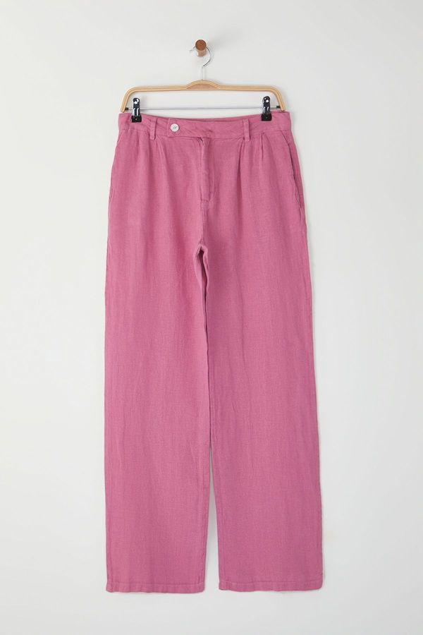 Trendyol Trendyol Pale Pink 100% Linen Pleated High Waist Wide Leg Trousers