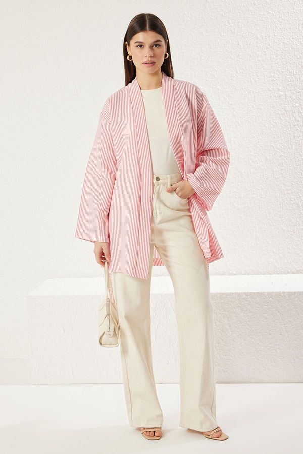 Trendyol Trendyol Pink Belted Woven Seersucker Striped Kimono & Kaftan
