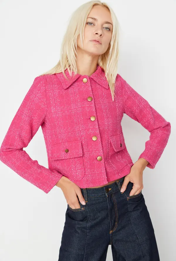 Trendyol Trendyol Pink Fitted Pocket Detail Plaid Crop Woven Jacket