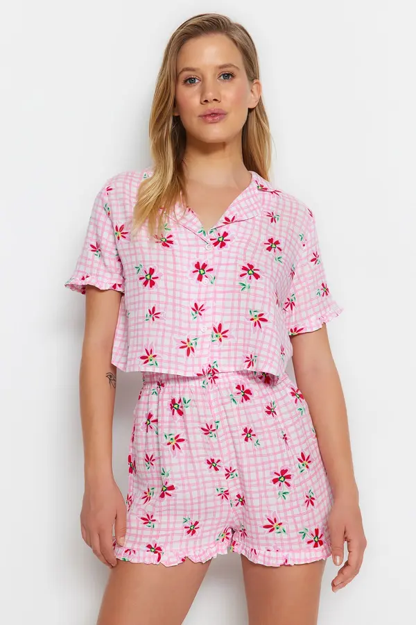 Trendyol Trendyol Pink Floral Frilled Viscose Shorts Woven Pajama Set