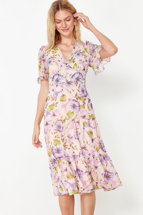 Trendyol Trendyol Pink Floral Print A-Cut Flounced Midi Lined Chiffon Woven Dress