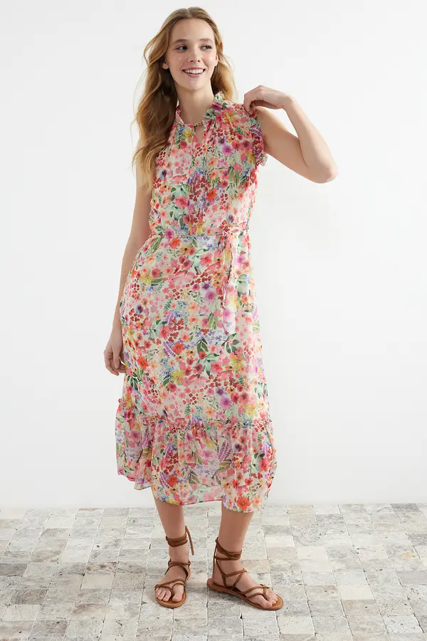 Trendyol Trendyol Pink Floral Print A-Cut Midi Lined Chiffon Woven Dress