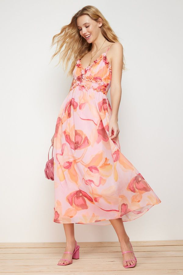 Trendyol Trendyol Pink Floral Print A-Cut Ruffle Detailed Lined Chiffon Maxi Woven Dress