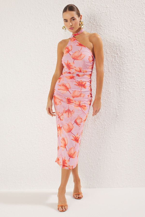 Trendyol Trendyol Pink Floral Printed Halter Neck Fitted Stretchy Tulle Knitted Midi Pencil Dress