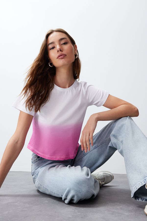 Trendyol Trendyol Pink Gradient Transitional Relaxed Fit/Crop Knitted T-Shirt