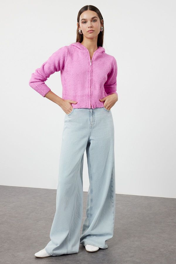 Trendyol Trendyol Pink Hooded Boucle Knitwear Cardigan