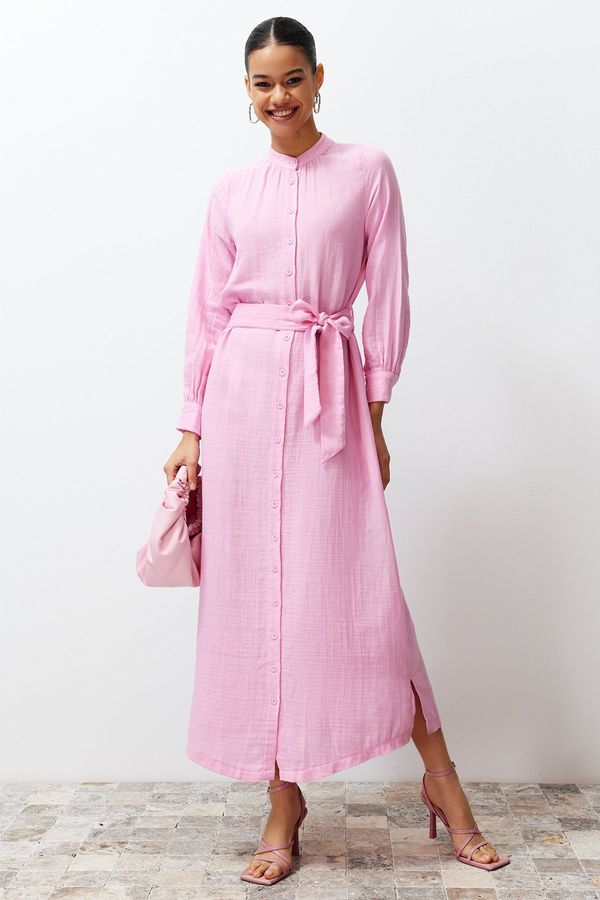 Trendyol Trendyol Pink Judge Collar Belted Plain Woven Shirt Dress