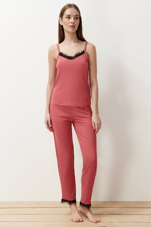 Trendyol Trendyol Pink Lace Detailed Rope Strap Knitted Pajama Set
