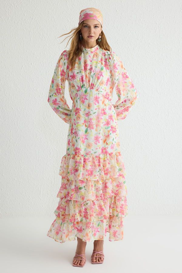 Trendyol Trendyol Pink Lined Floral Woven Chiffon Hijab Dress