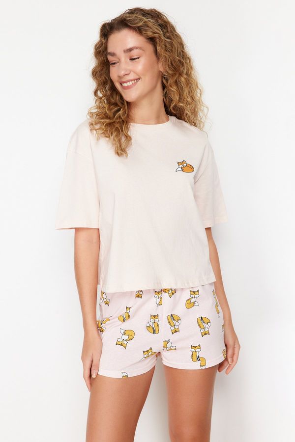 Trendyol Trendyol Pink-Multicolor 100% Cotton Animal Pattern Knitted Pajamas Set