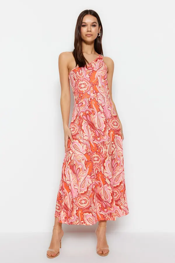 Trendyol Trendyol Pink One-Shoulder Midi Halter/Skater Knitted Printed Dress
